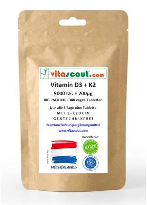Vitamin D3 5000 i.E. + K2 200 g mcg + L-Leucin 30mg - 380 vegetarische Tabletten - Optimale Bioverfgbarkeit