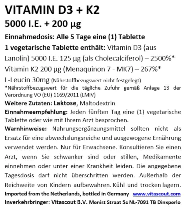 Vitamin D3 5000 i.E. + K2 200 g mcg + L-Leucin 30mg - 380 vegetarische Tabletten - Optimale Bioverfgbarkeit