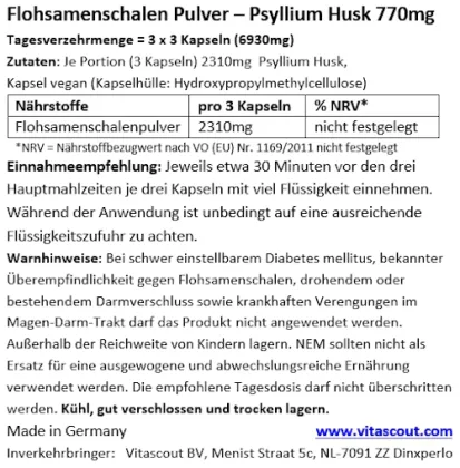 Flohsamenschalen 365 Kapseln je 770mg - VEGAN - Psyllium Husk - PREMIUMQUALIT�T SEHR FEIN VERMAHLEN - BESTPREIS