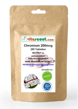 Chromium Picolinate 200mcg - 250 Tabletten - OHNE MAGNESIUMSTEARAT - MADE IN GERMANY