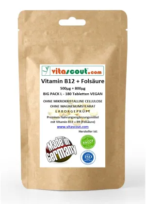 VITAMIN B12 500g + FOLSURE aktiv 800g mcg - 180 vegane Tabletten - Vitamin B9