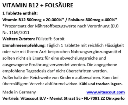 VITAMIN B12 500g + FOLSURE aktiv 800g mcg - 365 vegane Tabletten - Vitamin B9