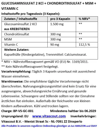 Glucosamine Sulphat 2 KCL + Chondroitin Sulphat + MSM + Vitamin C - 750 Kapseln