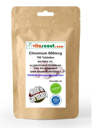 Chromium Picolinate 600mcg - 750 Tabletten - OHNE MAGNESIUMSTEARAT - MADE IN GERMANY