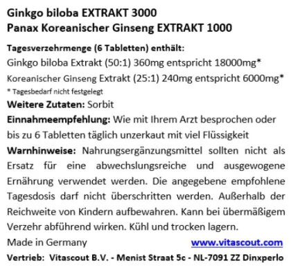 500 veg. Tabl. - Ginkgo biloba & Panax Koreanischer Ginseng - Formula-MIX 4000mg - HOCHDOSIERT - PN: 010528