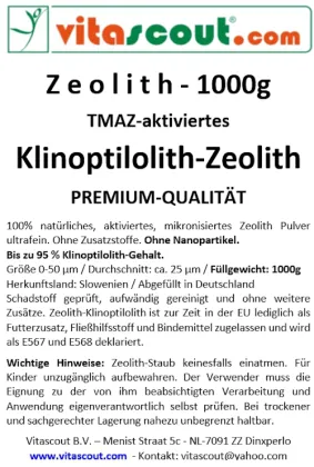 Zeolith Klinoptilolith Pulver TMAZ aktiviert 1000g VITASCOUT DETOX - EXTRA FEIN  25m Zeolithpulver Mineralerde 1,0kg