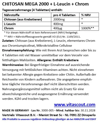 CHITOSAN 2000 Fettblocker + Leucin + Chrom - 1000 Tabletten - Einzigartige Formel