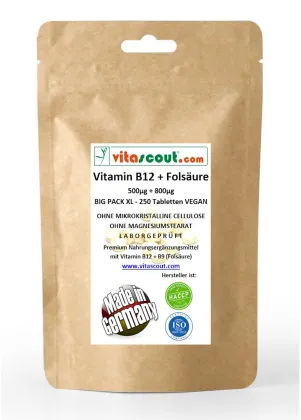 VITAMIN B12 500g + FOLSURE aktiv 800g mcg - 250 vegane Tabletten - Vitamin B9