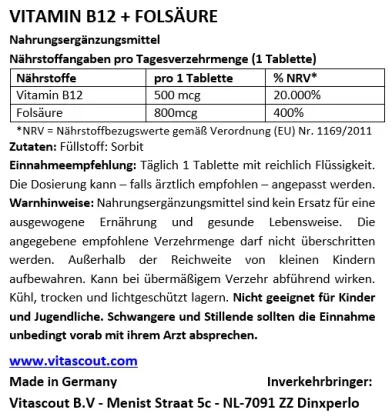 VITAMIN B12 500g + FOLSURE aktiv 800g mcg - 250 vegane Tabletten - Vitamin B9