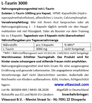 L-Taurin 3000 - 500 Kapseln vegan je 1000mg - HOCHDOSIERT - BESTER PREIS IM NETZ