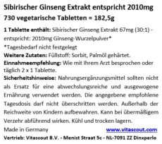 Sibirischer Ginseng Extrakt entspricht 2010mg Pulver PRO TABLETTE 200 Tabletten - MADE IN GERMANY - OHNE MAGNESIUMSTEARAT