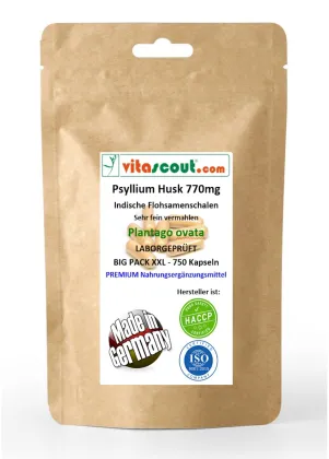 Flohsamenschalen 770mg - Psyllium Husk - 750 Kapseln vegan - PREMIUMQUALIT�T SEHR FEIN VERMAHLEN - BESTPREIS