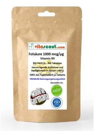 Fols�ure 1000 mcg, 360 Vegane Tabletten, Folic Acid (Vitamin B9), 500% des Tagesbedarfs, Ohne Magnesiumstearat