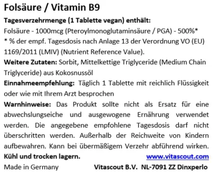 Fols�ure 1000 mcg, 360 Vegane Tabletten, Folic Acid (Vitamin B9), 500% des Tagesbedarfs, Ohne Magnesiumstearat