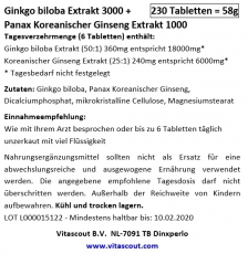 270 Tabletten Ginkgo biloba + Panax Koreanischer Ginseng Mix 4000mg - PN: 0102328 - vegetarisch