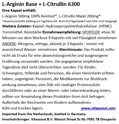 L-ARGININ Base pflanzlich 100% mit CITRULLIN 6300mg 600 Kapseln VEGAN - LABORGEPRFT