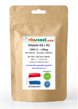 Vitamin D3 5000 IU + K2 200 mcg + L-Leucin 30mg - HOCH BIOVERFGBAR - 270 vegetarische Tabletten