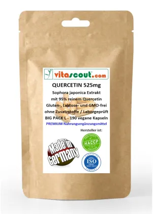 Quercetin 525mg mit 95% reinem Quercetin - 190 vegane Kapseln - MADE IN GERMANY - ohne Zusatzstoffe - Laborgeprft