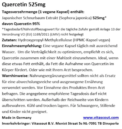 Quercetin 525mg mit 95% reinem Quercetin - 190 vegane Kapseln - MADE IN GERMANY - ohne Zusatzstoffe - Laborgeprft