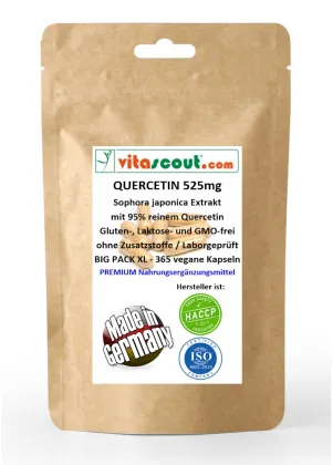 Quercetin 525mg mit 95% reinem Quercetin - 365 vegane Kapseln - MADE IN GERMANY - ohne Zusatzstoffe - Laborgeprft