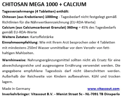 CHITOSAN MEGA 1000 + CALCIUM - 270 Tabletten OHNE MAGNESIUMSTEARAT - no Kapseln