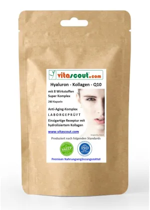 Hyaluron Kollagen Q10 Komplex 280 Kapseln – Vitamin C, Biotin Zink Selen Mangan