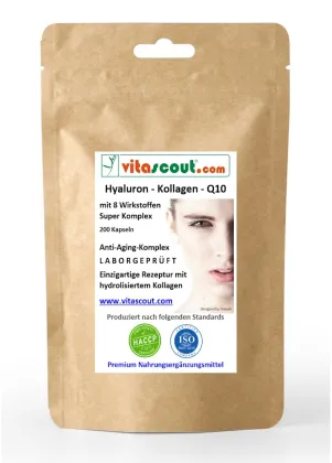 Hyaluron Kollagen Q10 Komplex 200 Kapseln 8-1-Formit mit Vitamin C, Biotin Zink Selen Mangan