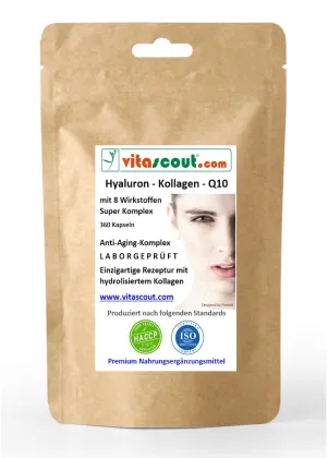 Hyaluron Kollagen Q10 Komplex 360 Kapseln – mit Vitamin C, Biotin Zink Selen Mangan