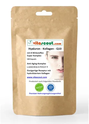 Hyaluron Kollagen Q10 Komplex 500 Kapseln – Vitamin C, Biotin Zink Selen Mangan