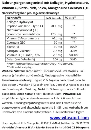 Hyaluron Kollagen Q10 Komplex 500 Kapseln – Vitamin C, Biotin Zink Selen Mangan