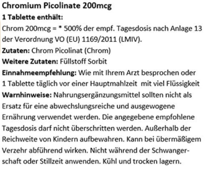 Chromium Picolinate 200mcg - 750 Tabletten - OHNE MAGNESIUMSTEARAT - MADE IN GERMANY