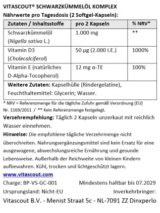 Vitascout Schwarzk�mmel�l Komplex – 720 Softgel-Kapseln – 1000 mg pro Tagesdosis – kaltgepresst – mit Vitamin D3 & Vitamin E