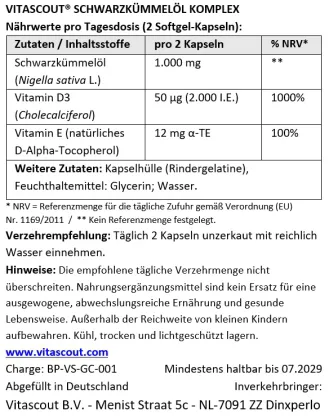 Vitascout Schwarzk�mmel�l Komplex – 365 Softgel-Kapseln – 1000 mg pro Tagesdosis – kaltgepresst – mit Vitamin D3 + Vitamin E