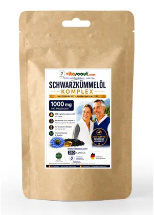 Vitascout Schwarzk�mmel�l Komplex – 250 Softgel-Kapseln – 1000 mg pro Tagesdosis – kaltgepresst – mit Vitamin D3 + Vitamin E