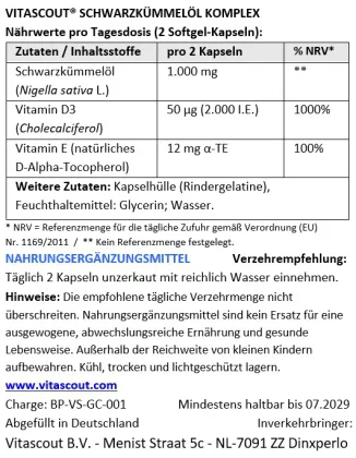 Vitascout Schwarzk�mmel�l Komplex – 250 Softgel-Kapseln – 1000 mg pro Tagesdosis – kaltgepresst – mit Vitamin D3 + Vitamin E