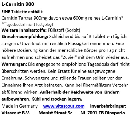 L-Carnitin 360 Tabletten - 900mg Carnitin Tartrat PRO TABLETTE - Made in Germany - OHNE MAGNESIUMSTEARAT - SUPERHOCHDOSIERT