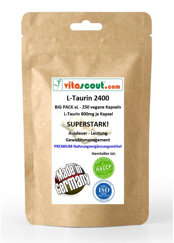 L-Taurin 2400 - 250 Kapseln vegan je 800mg - HOCHDOSIERT - BESTER PREIS IM NETZ