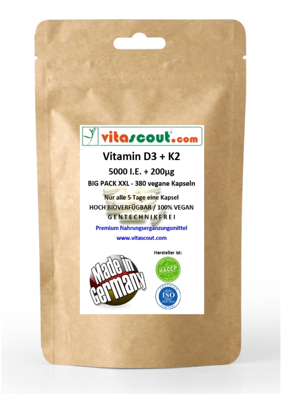 Vitamin D3 5000 i.E. + K2 200 g mcg 380 vegane Kapseln - Optimale Bioverfgbarkeit