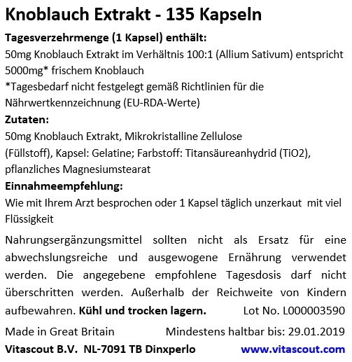 Knoblauch 180 Kapseln je 5000mg (=Extrakt 50mg 100:1) HOCHDOSIERT / Garlic - PREMIUMQUALITT von VITASCOUT