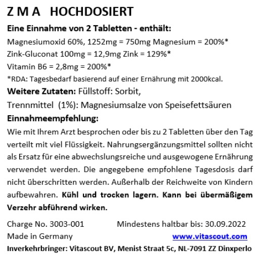 ZMA - 500 Tabletten - Zink Magnesium Vitamin B6 - MADE IN GERMANY - LABORGEPRÜFT
