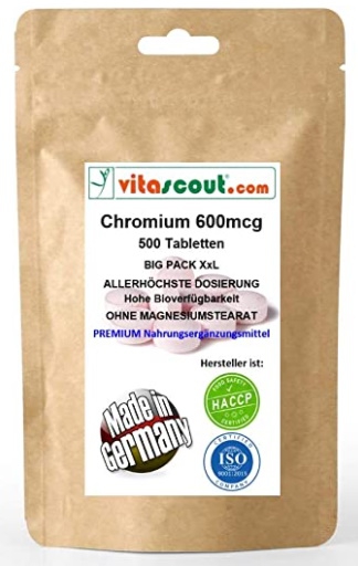 Chromium Picolinate 600mcg - 500 Tabletten - OHNE MAGNESIUMSTEARAT - MADE IN GERMANY