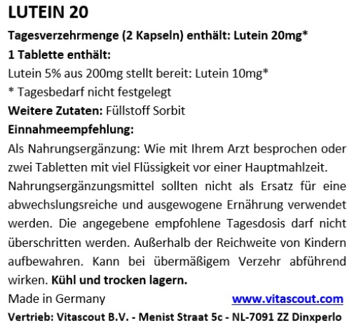 Lutein 20 - 360 Tabletten á 10mg - MADE IN GERMANY - OHNE MAGNESIUMSTEARAT