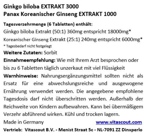Ginkgo biloba & Panax Koreanischer Ginseng MIX 4000mg - 1000 Vegi-Tabletten