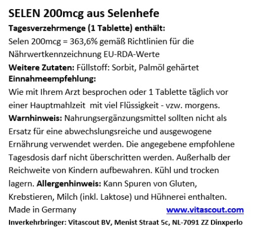 Selen aus Selenhefe 200mcg 750 Tabletten OHNE MAGNESIUMSTEARAT MADE IN GERMANY