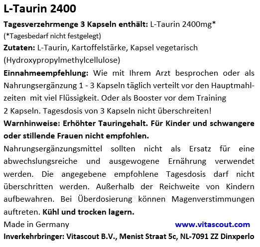 L-Taurin 2400 - 360 Kapseln vegan je 800mg - HOCHDOSIERT - BESTER PREIS IM NETZ