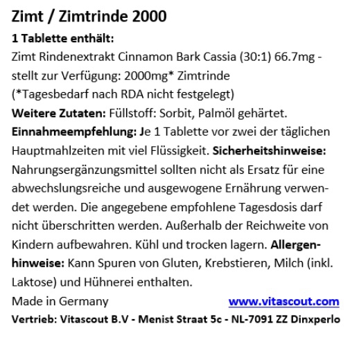 Zimt/Zimtrinde Extrakt 2000 II 540 Tabletten - HÖCHSTE DOSIERUNG - LABORGEPRÜFT - OHNE MAGNESIUMSTEARAT
