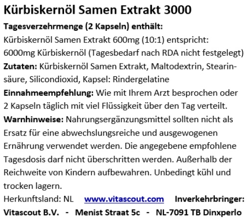 360 Kapseln Kürbiskernöl Extrakt 3000 (aus 300mg Extrakt 10:1) - HOCHDOSIERT! - PN: 010342