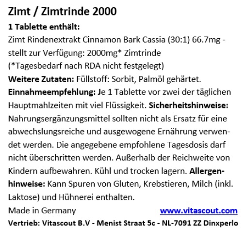 Zimt/Zimtrinde Extrakt 2000 - 365 Tabletten - HCHSTE DOSIERUNG - MADE IN GERMANY - OHNE MAGNESIUMSTEARAT