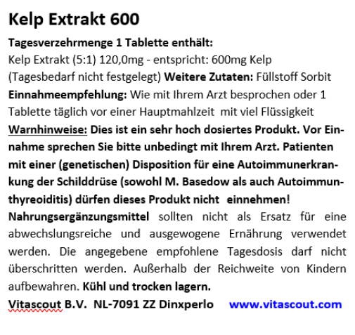 Kelp Extrakt 600 - liefert bis max 900 mcg Jod - 720 Tabletten - HOCHDOSIERT - PN: 0100141