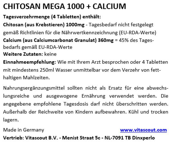 CHITOSAN MEGA 1000 + CALCIUM - 1000 Tabletten - MADE IN GERMANY - no Kapseln